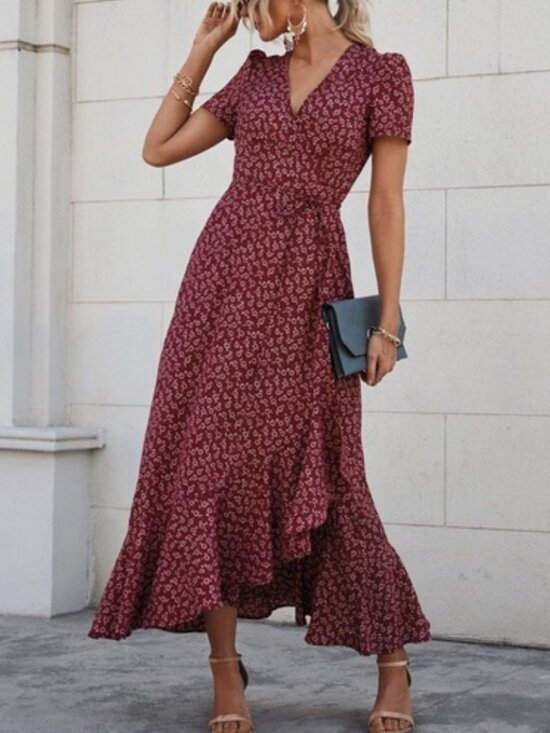 PrettyGarden Dresses & Skirts - Midi Wrap Dress in Burgundy Floral